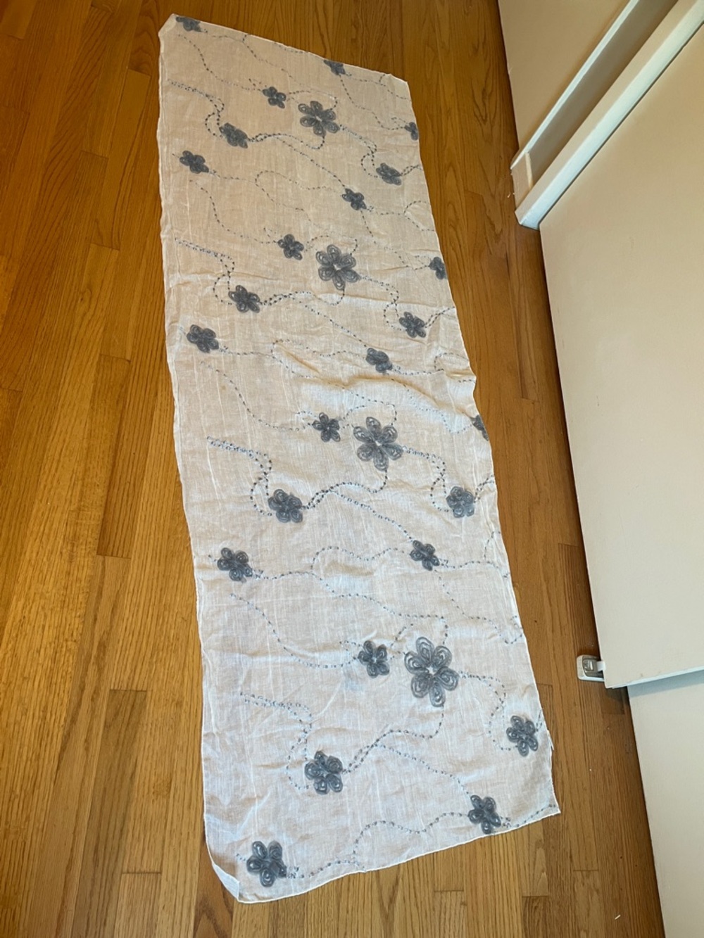 Lightweight White Floral Scarf with Gray Embroidery